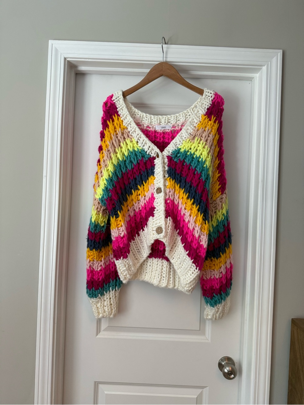 Chunky Multicolor Chevron Knit Cardigan - Cream Trim